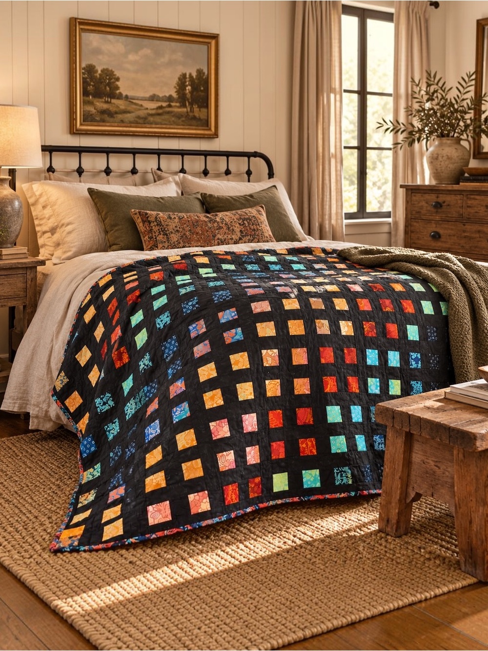 One-of-a-Kind Handmade Art Quilt 62” x 78” Black Multicolor Patchwork Reversible